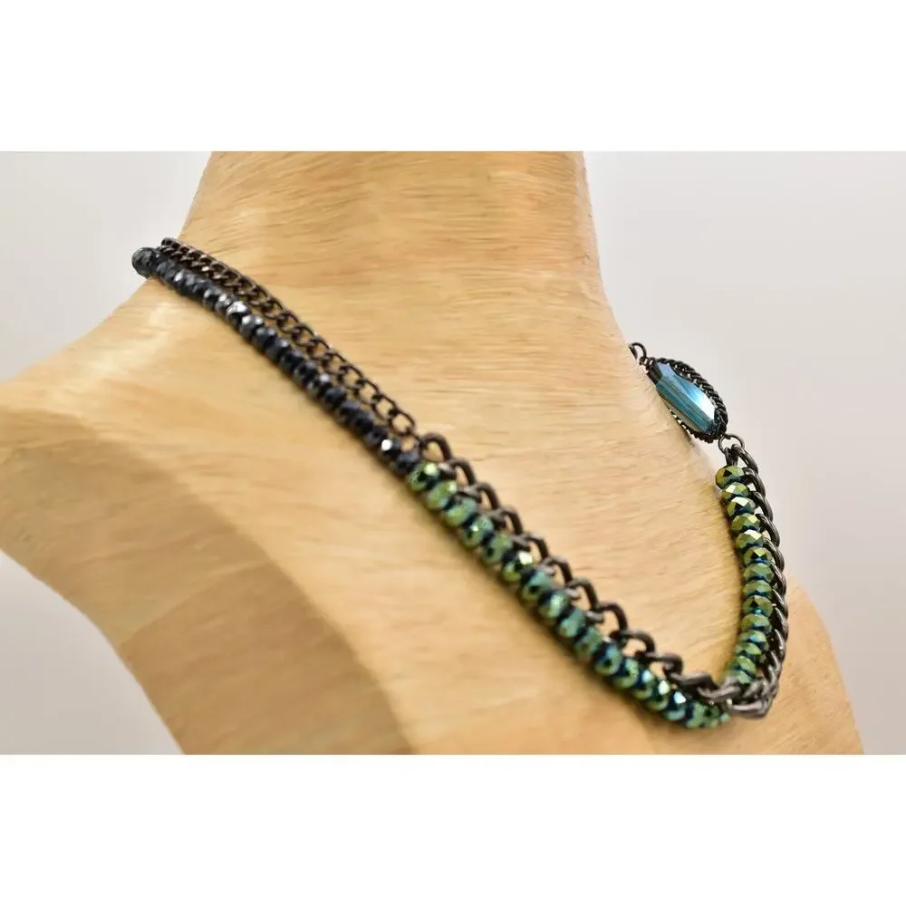 Kenneth Cole Crystal Beaded Necklace Multi-Layered Gunmetal Blue Green BinBD